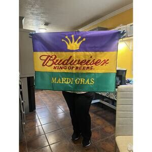 Budweiser King Of Beers Mardi Gras Flag 40”X28” Polyester Embroidered Letters